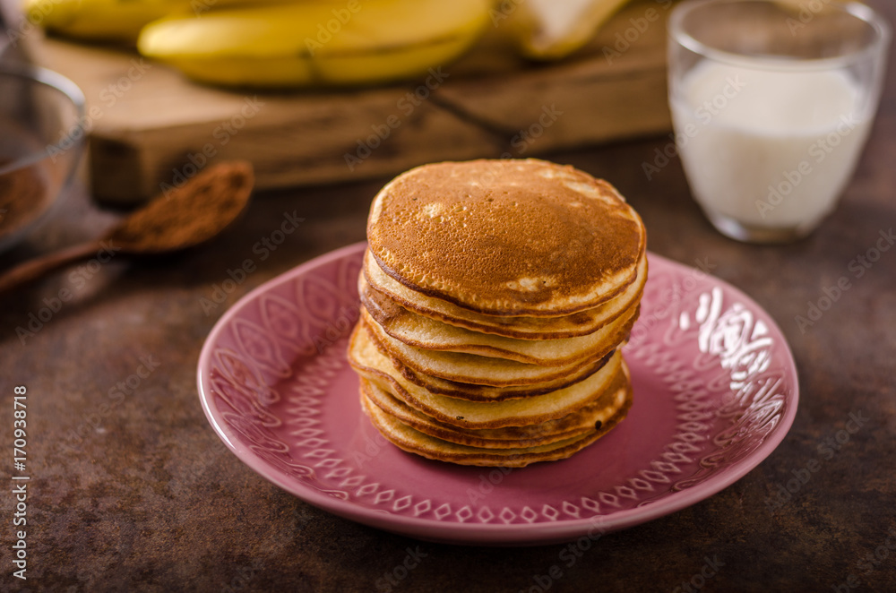 American pancakes with banana, chocolate American pancakes with banana, chocolate