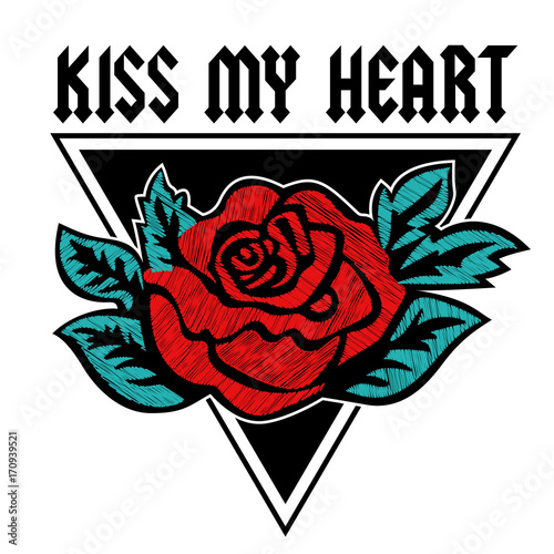 Kiss My Heart rose printed graphic design. Vector A set of stickers, embroidery, applique in the style of ancient breeds.