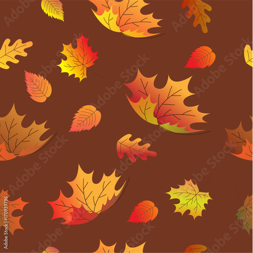 Autumn leaves on a brown background. Seamless texture.