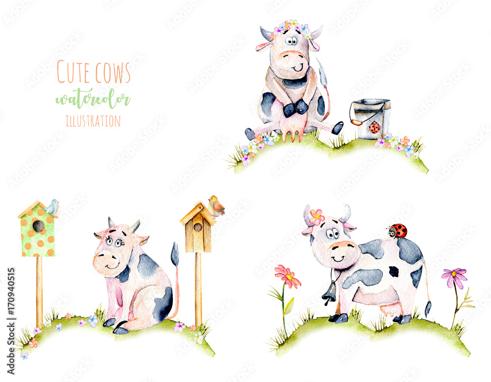 Naklejka premium Set of watercolor cute cartoon cows on a meadow, ladybugs and simple flowers illustrations, hand drawn isolated on a white background