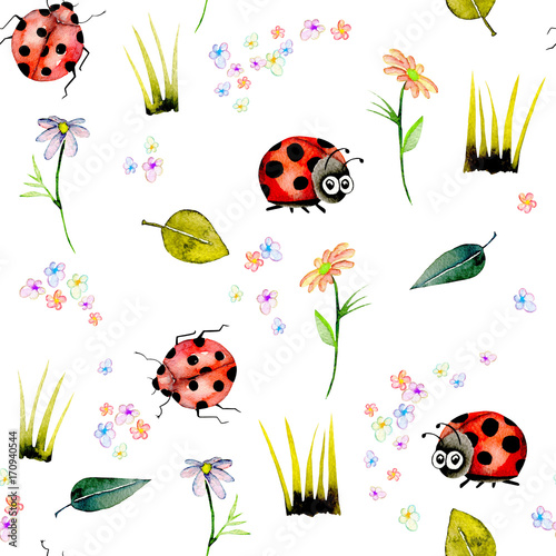 Seamless pattern with watercolor cute cartoon ladybugs and simple flowers, hand drawn isolated on a white background