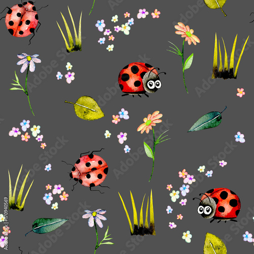 Seamless pattern with watercolor cute cartoon ladybugs and simple flowers, hand drawn isolated on a dark background © nastyasklyarova