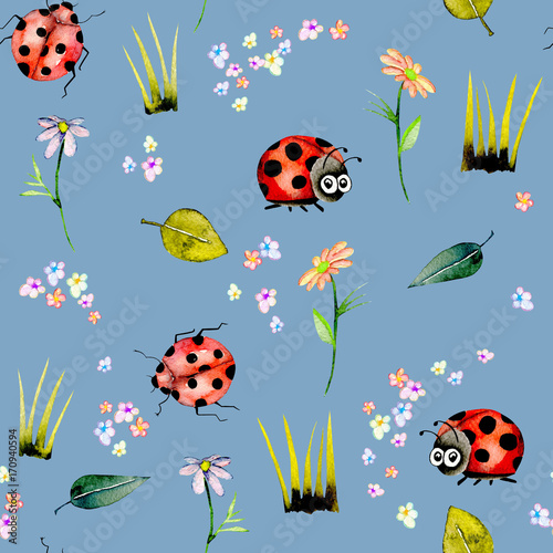 Seamless pattern with watercolor cute cartoon ladybugs and simple flowers, hand drawn isolated on a blue background