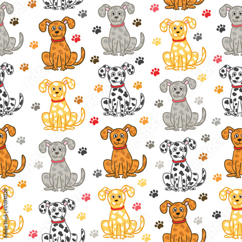 Fototapeta Naklejka Na Ścianę i Meble -  Cute vector dogs seamless pattern. Funny doodle wallpaper.