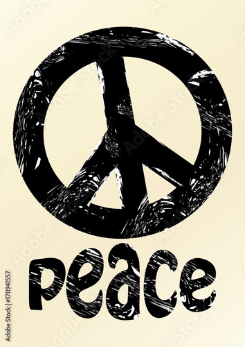Black anti war symbole in grunge style with inscription peace on beige background. Hippies symbole 70s, 80s