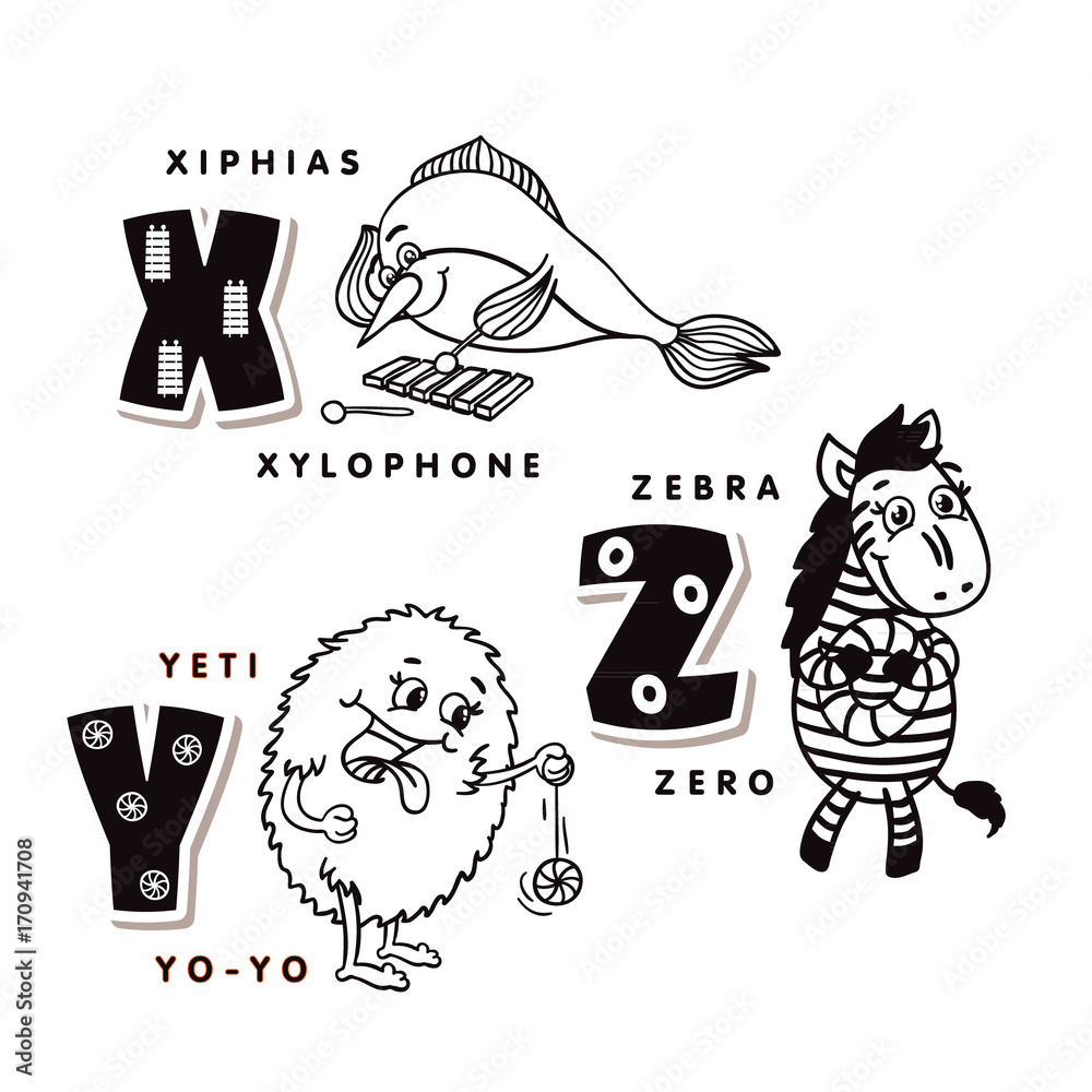 Alphabet letter X Y Z depicting an hiphias, yeti and zebra. Vector