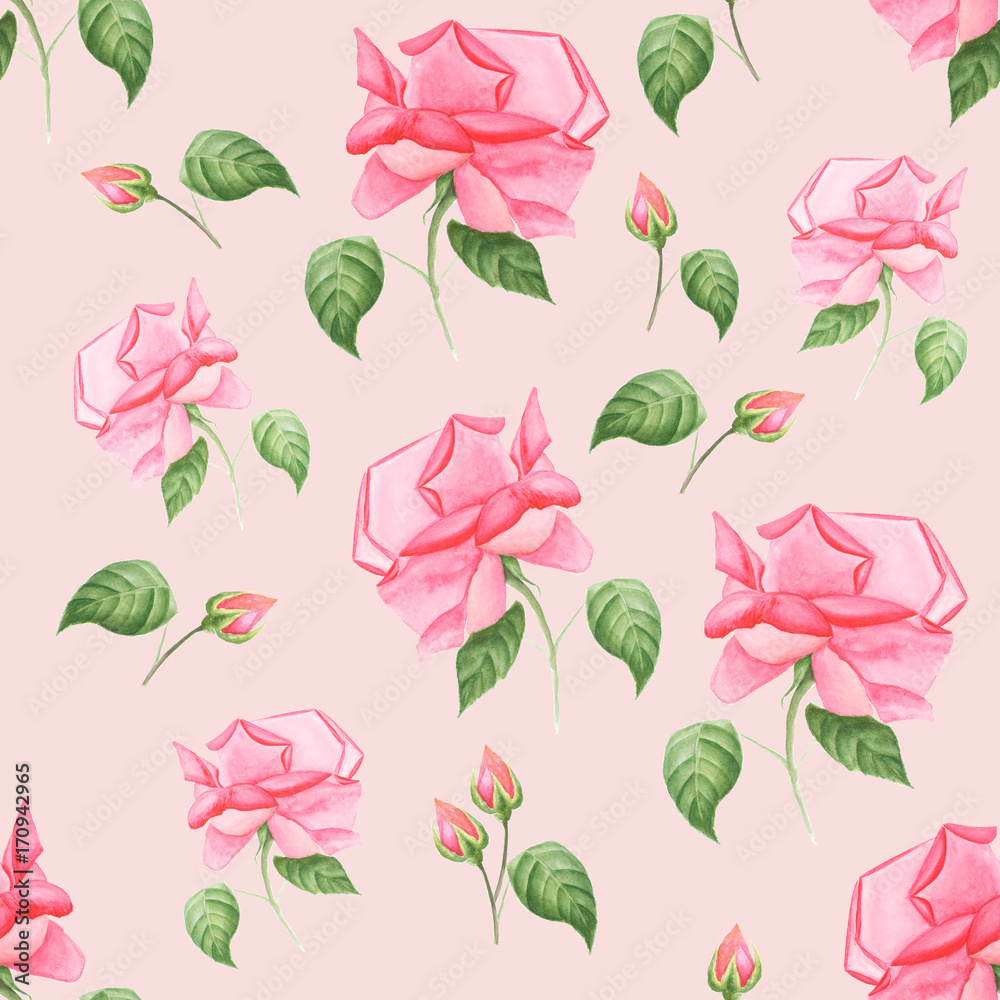 Vintage watercolor seamless pattern with buds of roses and wild flowers. Watercolor natural botanical illustration with summer flowers on pink background