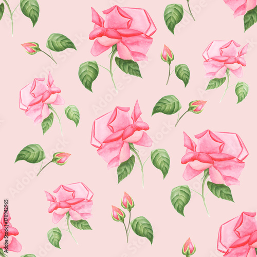 Vintage watercolor seamless pattern with buds of roses and wild flowers. Watercolor natural botanical illustration with summer flowers on pink background