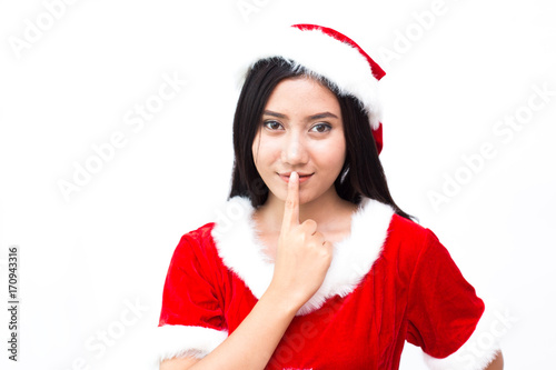 Beautiful Asian Woman with Happy Emotion  Isolated On White  Woman in Santa Claus Concept.