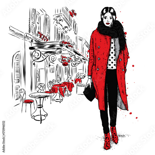 Pretty girl in fashionable clothes in the streets with a red purse. Vector illustration.