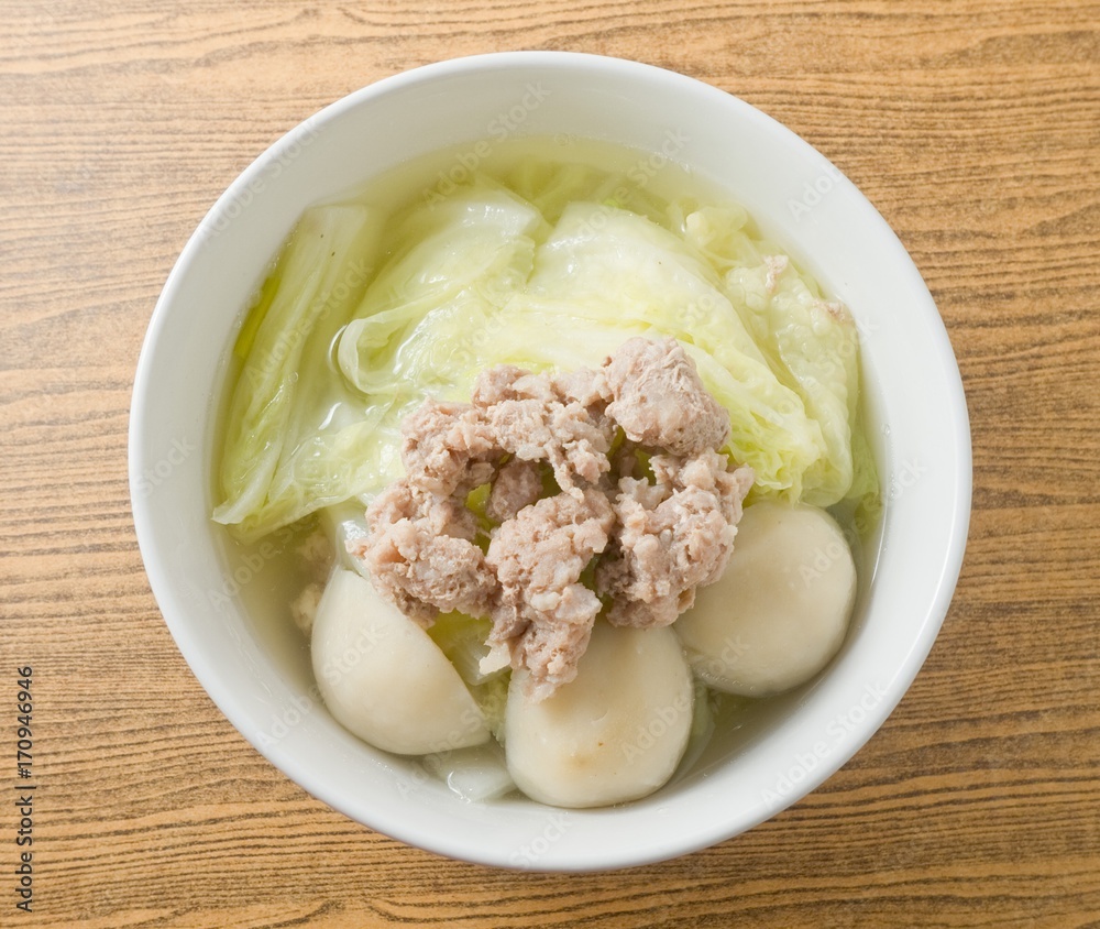 Top View of Lettuce Clear Soup with Meat Ball Top View of Lettuce Clear Soup with Meat Ball