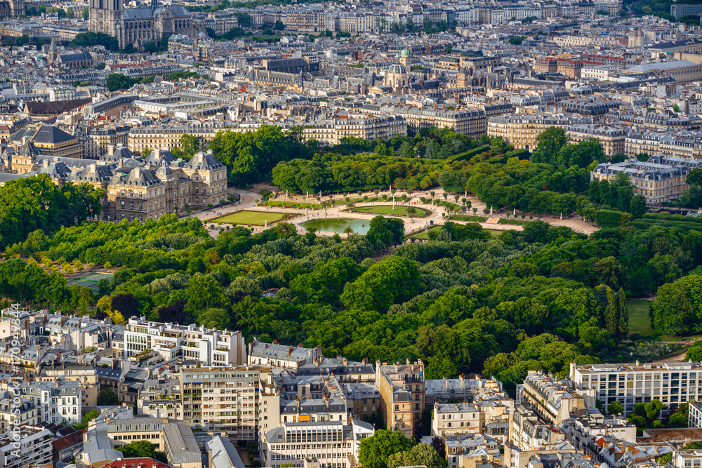 Summer aerial view on the Luxembourg Garden, Luxembourg Palace and rooftops in the center of Paris. 6th Arrondissement, Left Bank. France