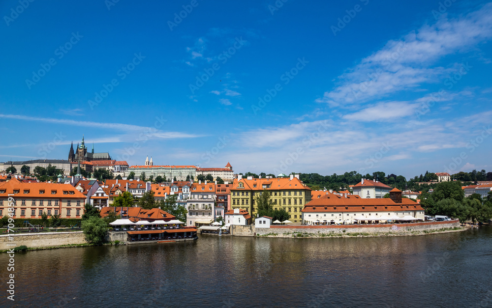 View on the Vltava river and St.Vitus Cathedral in Prague, Czech Republic