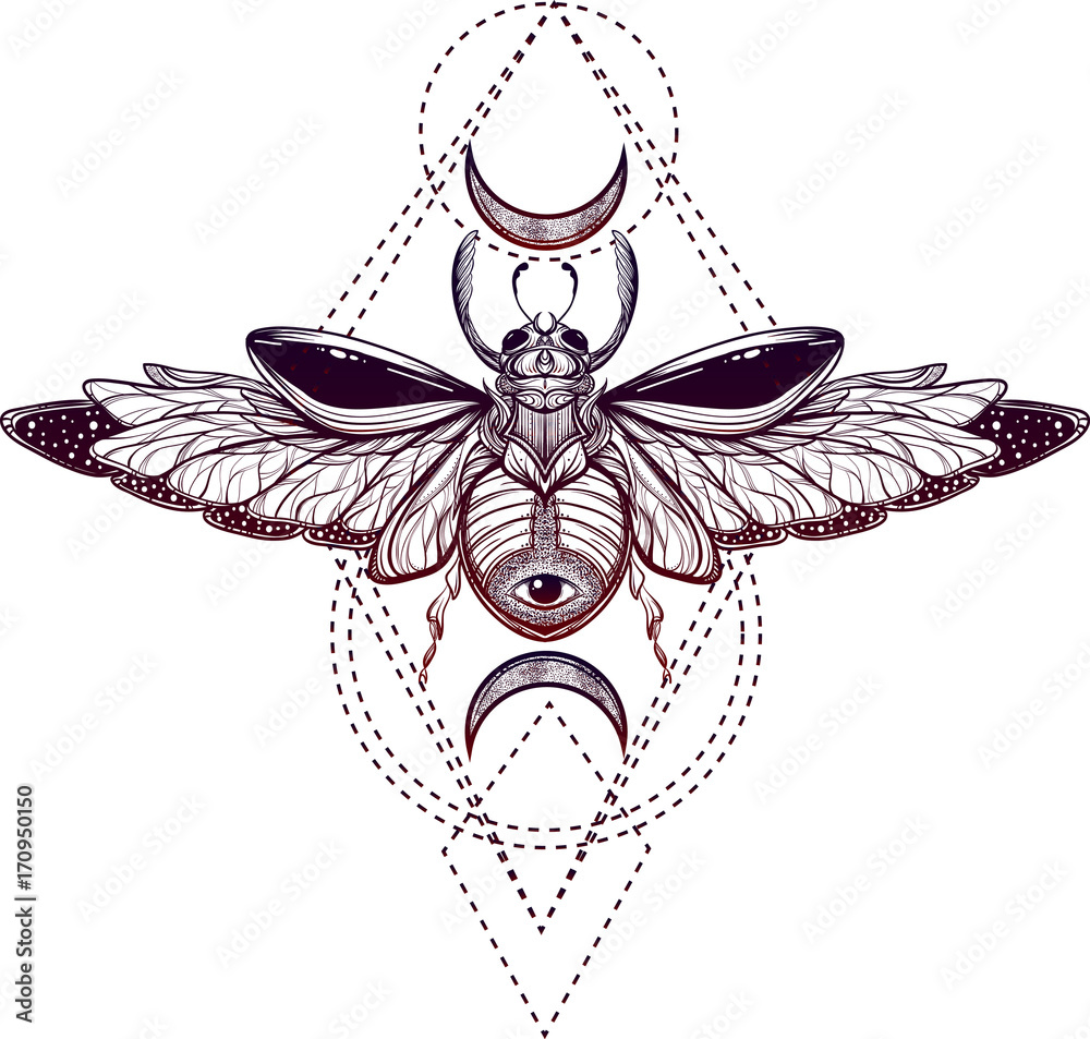 Foto Beetle bug tattoo drawing. Scarab bug illustration