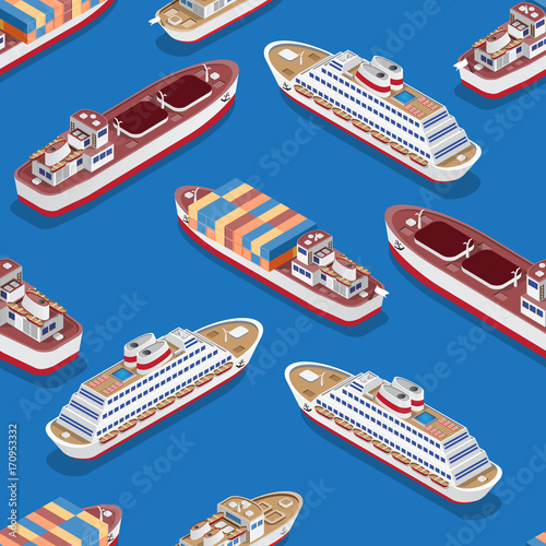 Seamless pattern. Isometric ships. Vector illustration.