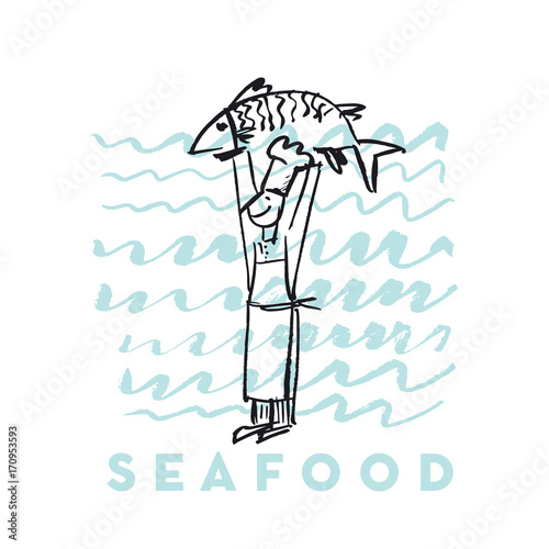 seafood fish and cook abstract hand drawn design elements for menu, poster, invitation. vector traced graphic illustration