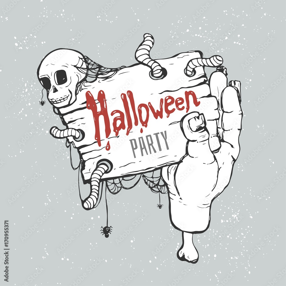 Halloween party. Hand-drawn vector illustration with worms, skull and zombie hand.