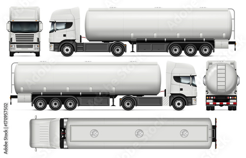 Tanker truck vector mock-up for car branding and advertising. Elements of corporate identity. Tank truck trailer template on white. All layers and groups well organized for easy editing and recolor. 
