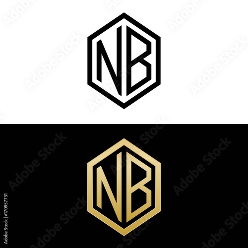 initial letters logo nb black and gold monogram hexagon shape vector