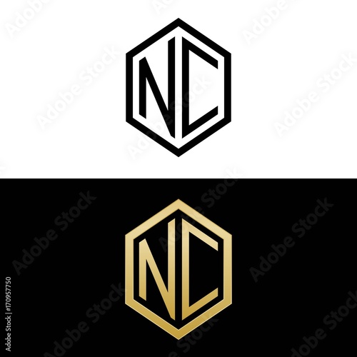 initial letters logo nc black and gold monogram hexagon shape vector