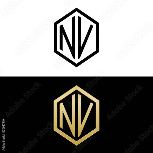 initial letters logo nv black and gold monogram hexagon shape vector