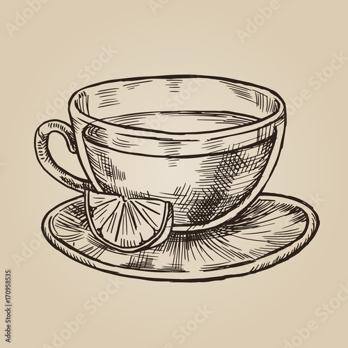Glass cup with lemon sketch.