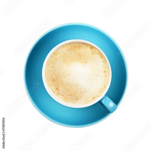 Full cappuccino latte coffee in blue cup isolated