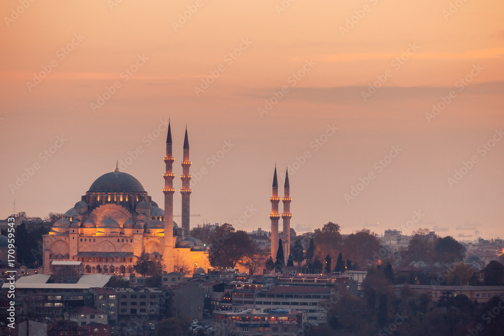 Istanbul, Turkey. Galata Tower and Suleymaniye Mosque at night.