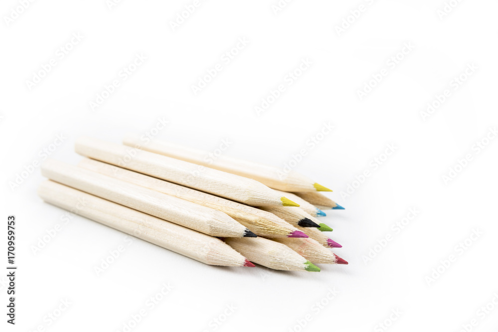 Obraz premium Back to school and classroom supplies with closeup on mix colored pencils on white background