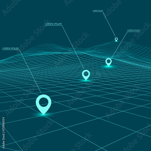 Data visualization background . Futuristic design hud element . Navigation way. Geoposition with lorem ipsuim. Wide angle wireframe landscape .
