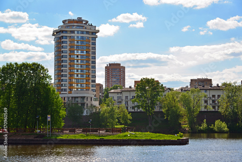 View of Khimki city from side of Moscow Canal. Russia.