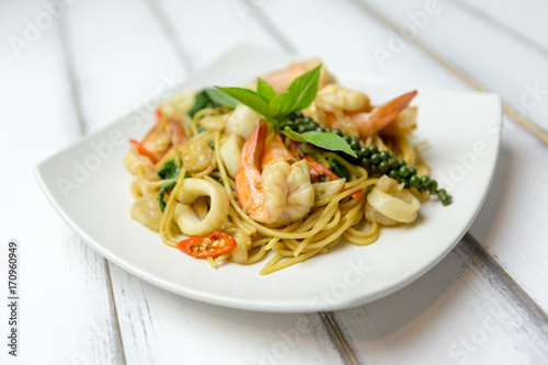 Spaghetti with shrimps, italian cuisine, Spaghetti with Seafood