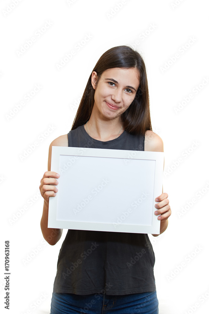 Woman hold white paper banner isolated over white background business girl Woman hold white paper banner isolated over white background business girl