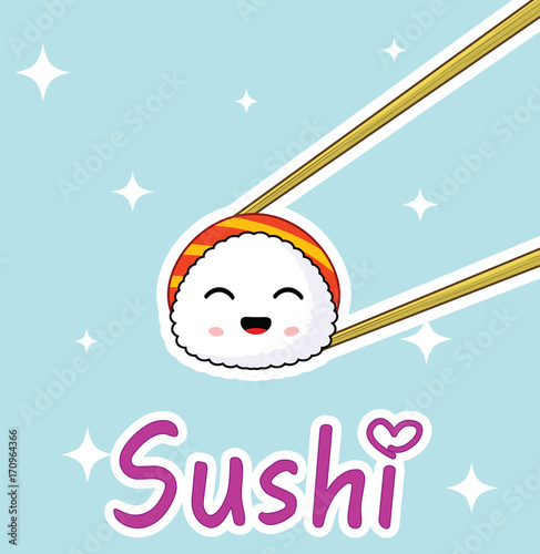 Chopsticks holding cute cartoon sushi roll.