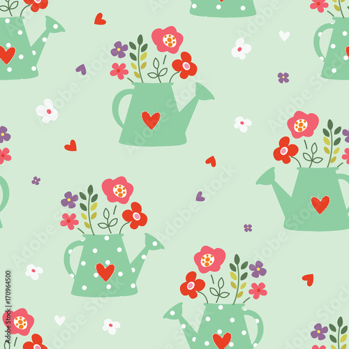 Seamless pattern with watering can and flowers