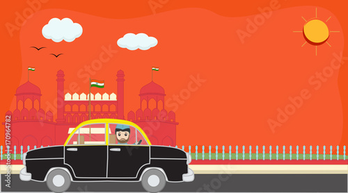 Cartoon Taxi Driver Driving Car in front of Red Fort