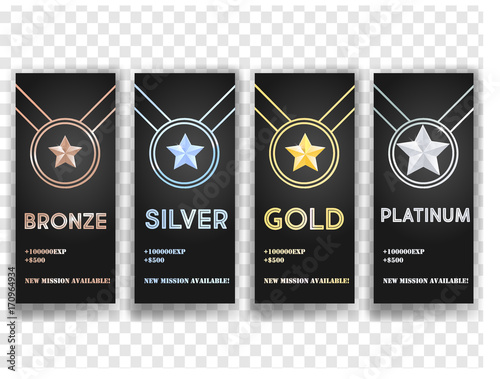 Set of black vector banners with Gold , Platinum ,Silver and Bronze stars, medal, achievement