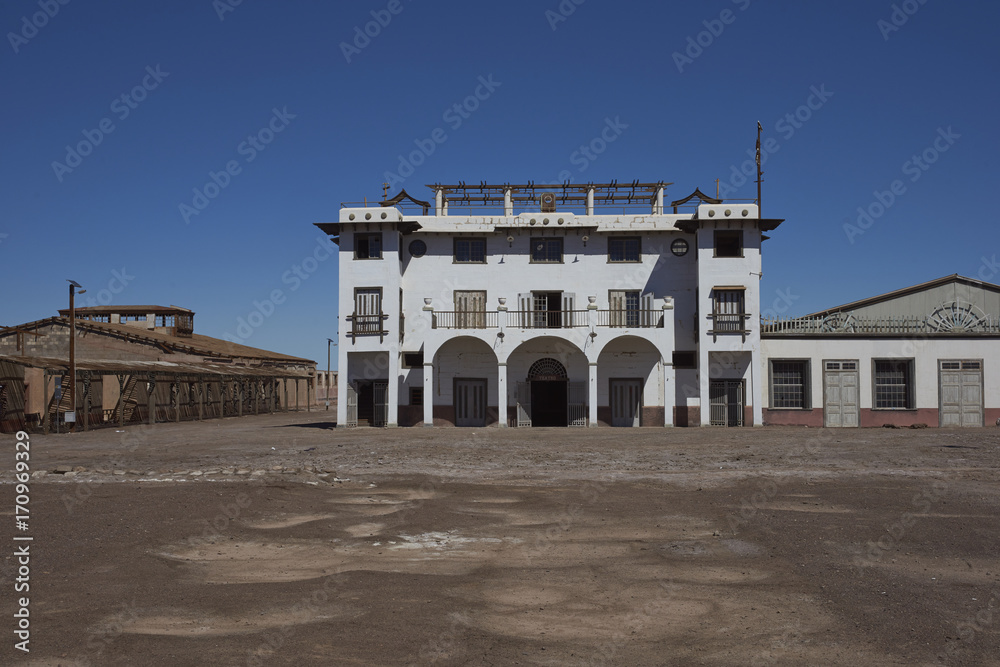 Theatre in the derelict nitrate mining town of Chacabuco in the Atacama Desert of northern Chile