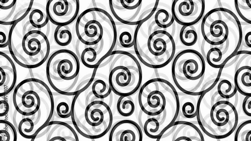 Animation background. Seamless pattern with black grey swirl ornament on white 