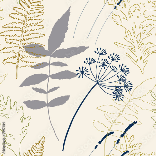Floral vector seamless pattern with dill and lavender flowers, fern leaves an...