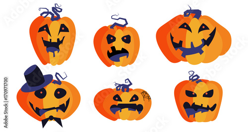 Scary pumpkins halloween set, isolated on white background