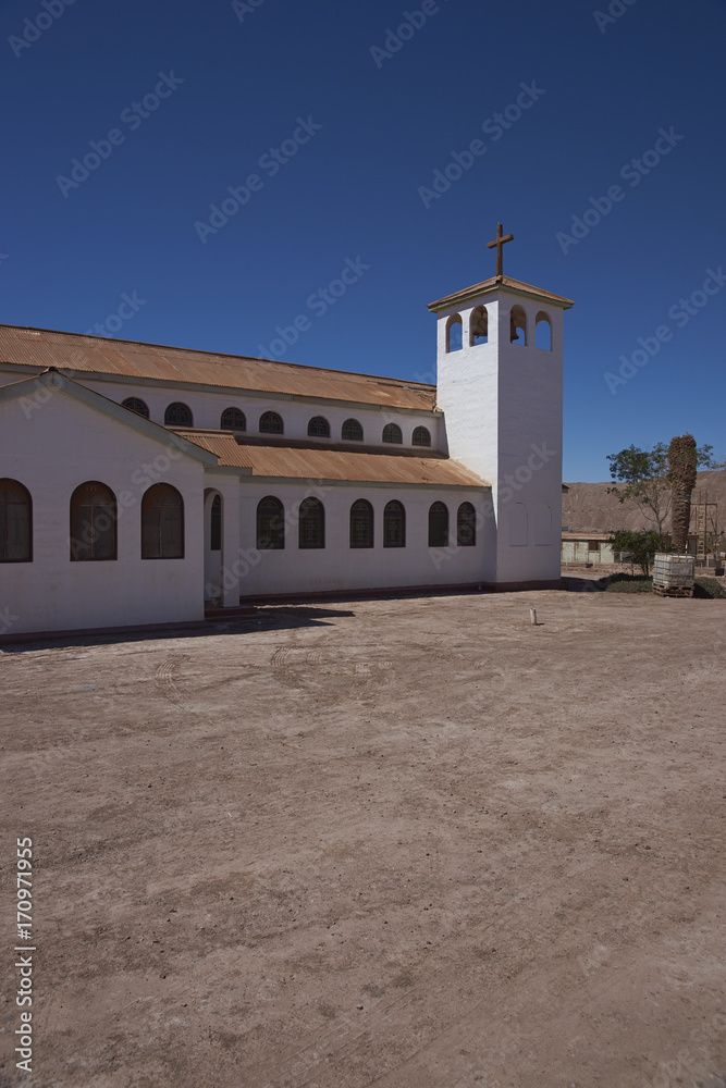 Church in the derelict nitrate mining town of Pedro de Valdivia in the Atacama Desert of northern Chile