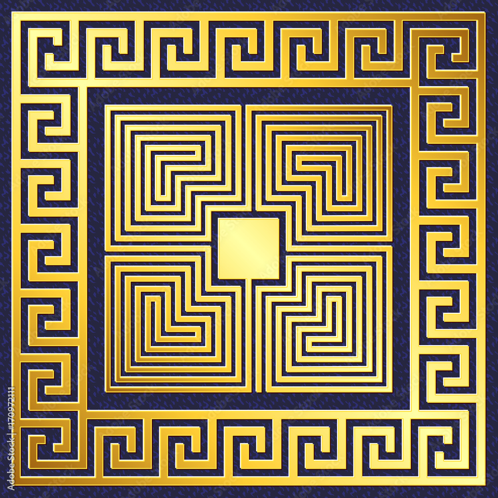 Traditional vintage Golden square Greek ornament, Meander pattern on blue background