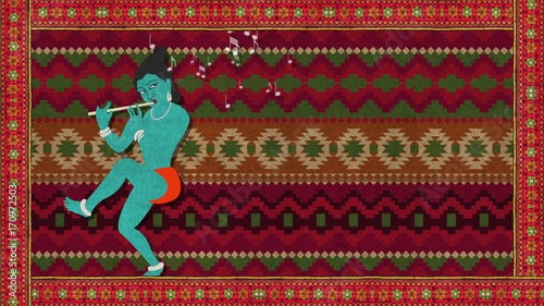 Lord Krishna Playing the Flute on a Festive Indian Background photo