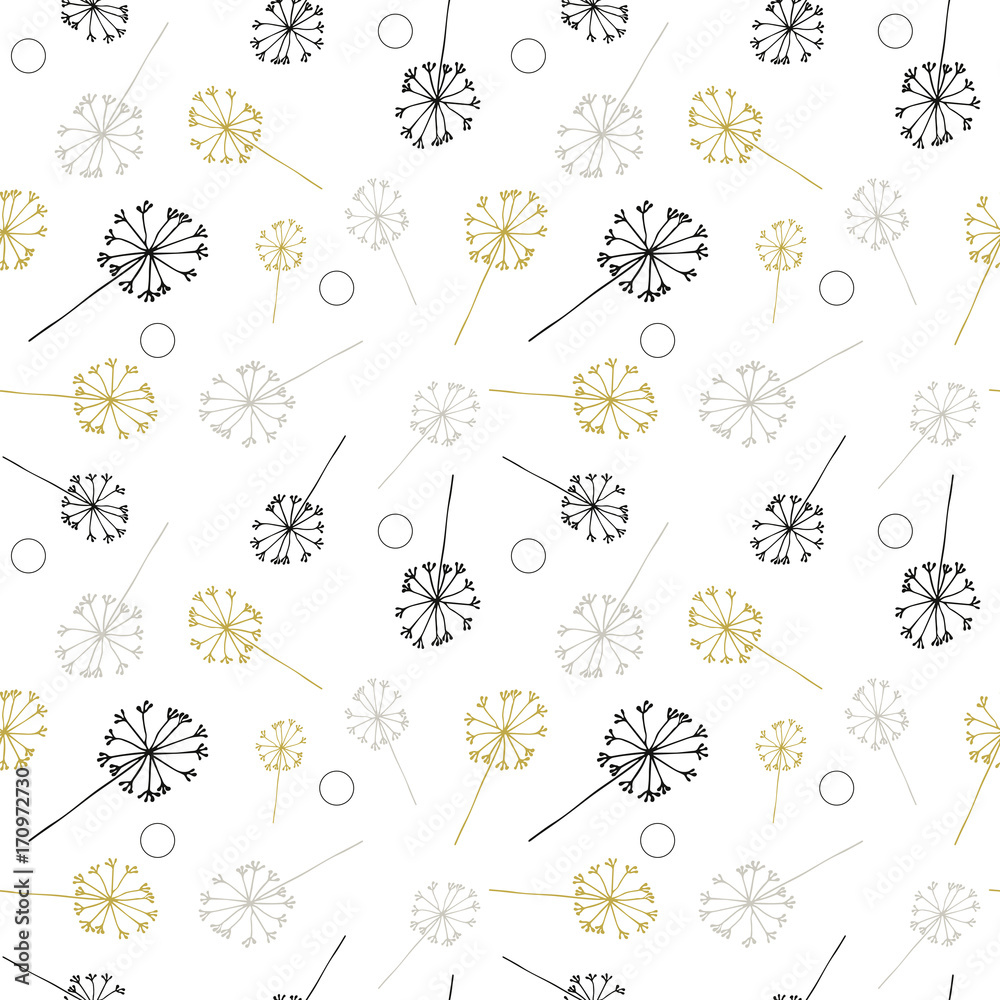 Dandelion or allium or fennel like flowers and seed pattern. Vector floral seamless repeat with simple hand drawn stylized flowers.
