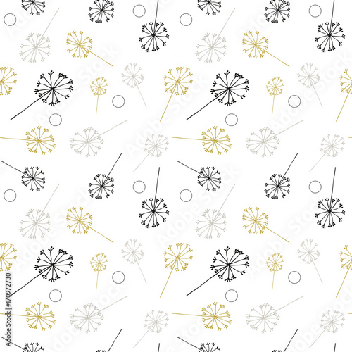 Dandelion or allium or fennel like flowers and seed pattern. Vector floral seamless repeat with simple hand drawn stylized flowers.