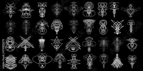 Voodoo spirits symmetrical symbols set. Abstract geometric hand drawn spiritual black magic craft insignia Voodoo deity. Occultism, sacred geometry magic alien. Vector.