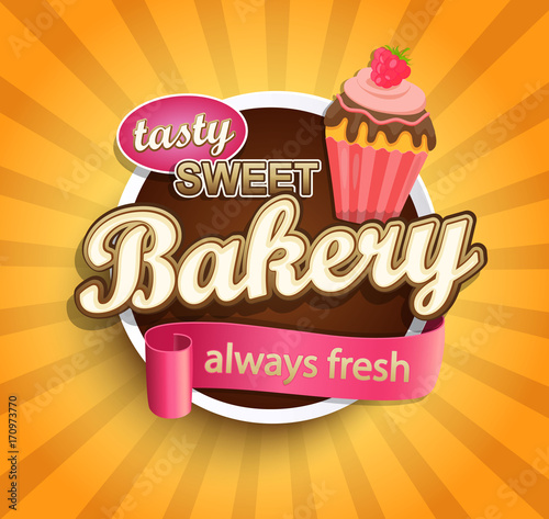 Sweet bakery label with cupcake for your design. Vector illustration.