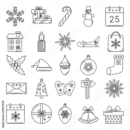 Set of Christmas icons in thin line style