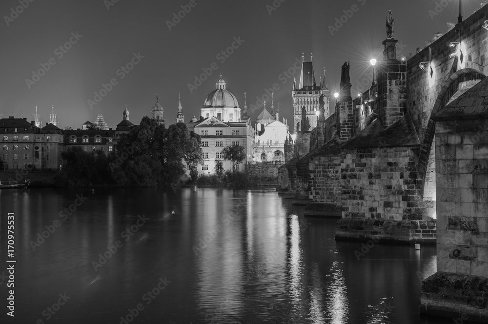Night Prague, Czech Republic. Black and white photo